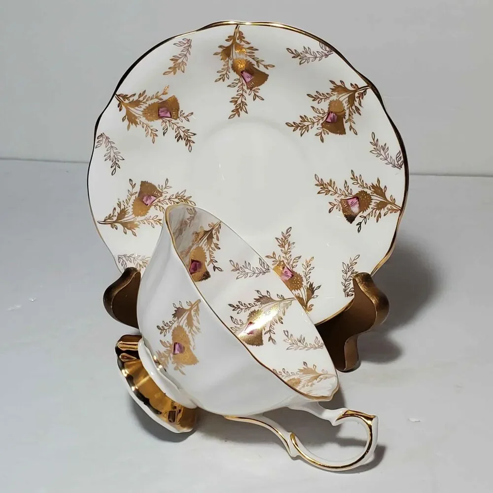 Queen Anne Teacup and Saucer Purple Gold Thistle Vintage
